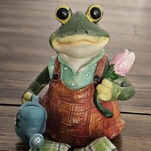 Frog Shelf Sitting Dangling Fabric Legs holding Tulip  6" Figurine